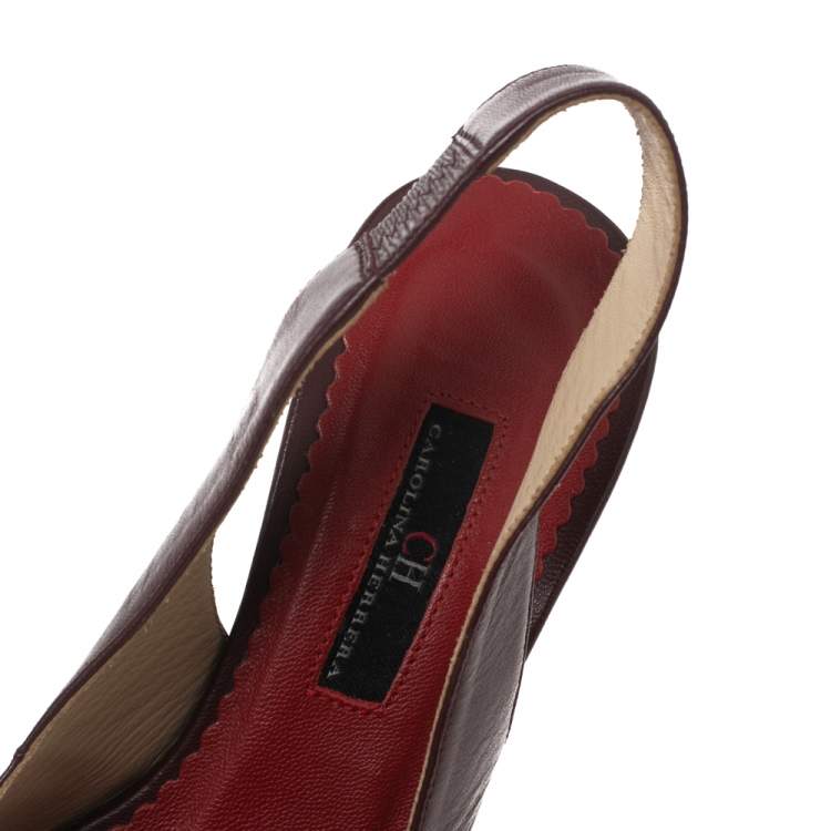 Pre Owned CH Carolina Herrera Burgundy Leather Bow Detail Pointed-Toe Slingback Sandals Size 36