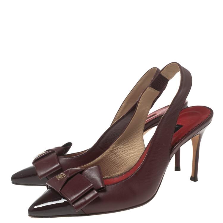 Pre Owned CH Carolina Herrera Burgundy Leather Bow Detail Pointed-Toe Slingback Sandals Size 36