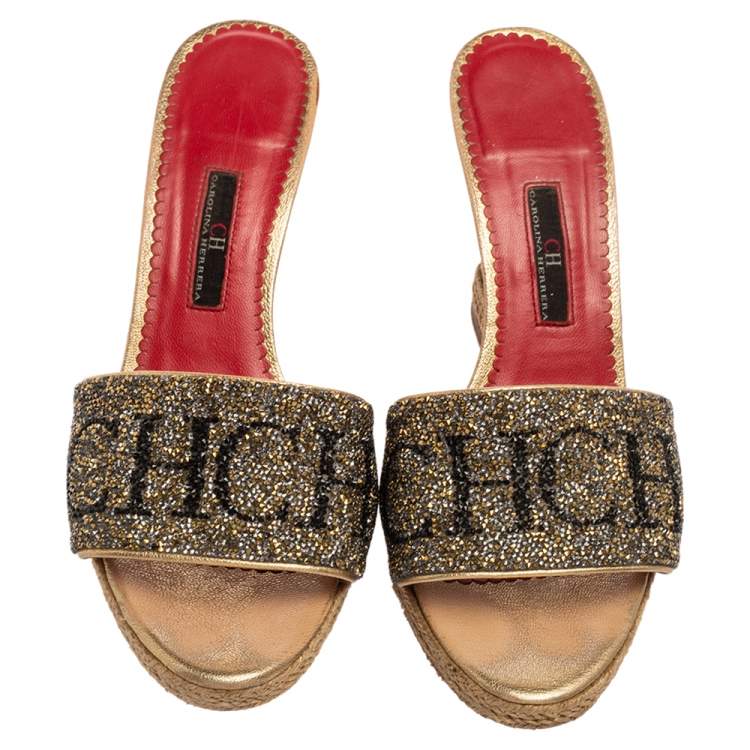Pre Owned CH Carolina Herrera Metallic Glitter Wedge Espadrille Slide Sandals Size 38
