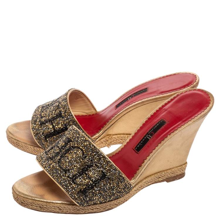 Pre Owned CH Carolina Herrera Metallic Glitter Wedge Espadrille Slide Sandals Size 38
