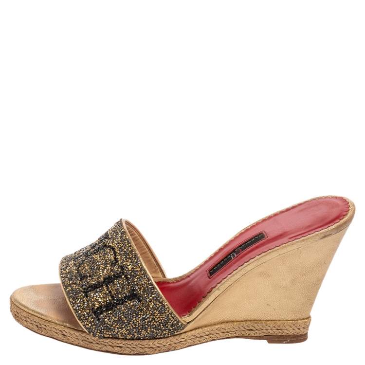 Pre Owned CH Carolina Herrera Metallic Glitter Wedge Espadrille Slide Sandals Size 38