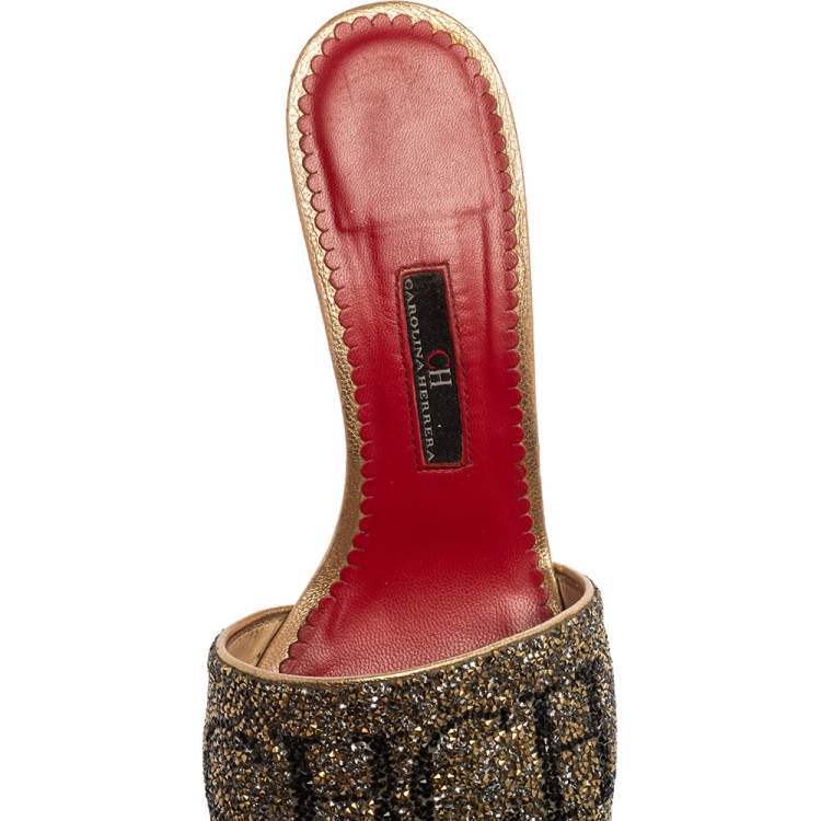 Pre Owned CH Carolina Herrera Metallic Glitter Wedge Espadrille Slide Sandals Size 38