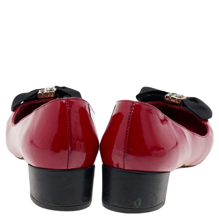 Pre Owned CH Carolina Herrera Red Patent Leather Bow Block Heel Pumps Size 38