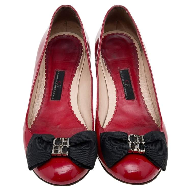 Pre Owned CH Carolina Herrera Red Patent Leather Bow Block Heel Pumps Size 38