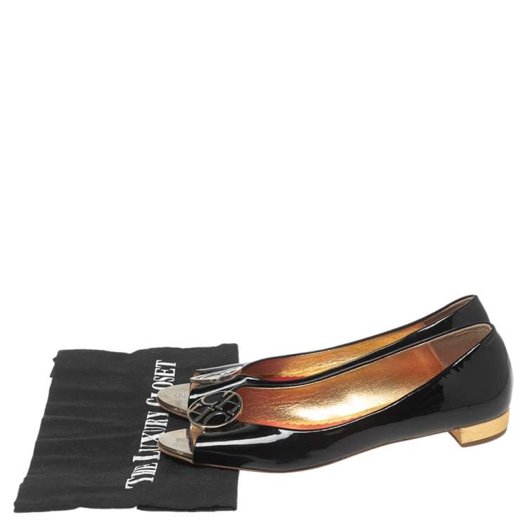 Pre Owned CH Carolina Herrera Black Patent Leather Logo Peep-Toe Ballet Flats Size 37