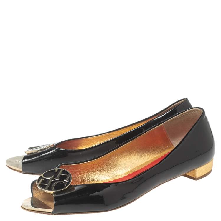 Pre Owned CH Carolina Herrera Black Patent Leather Logo Peep-Toe Ballet Flats Size 37