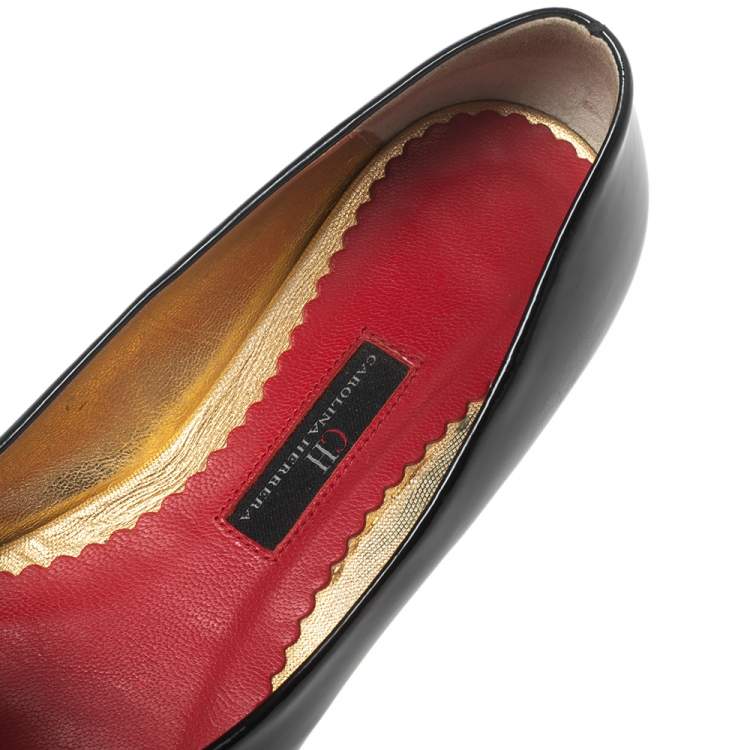 Pre Owned CH Carolina Herrera Black Patent Leather Logo Peep-Toe Ballet Flats Size 37