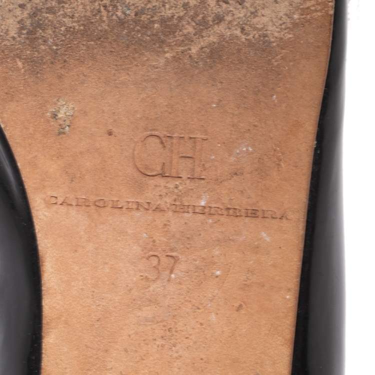 Pre Owned CH Carolina Herrera Black Patent Leather Logo Peep-Toe Ballet Flats Size 37