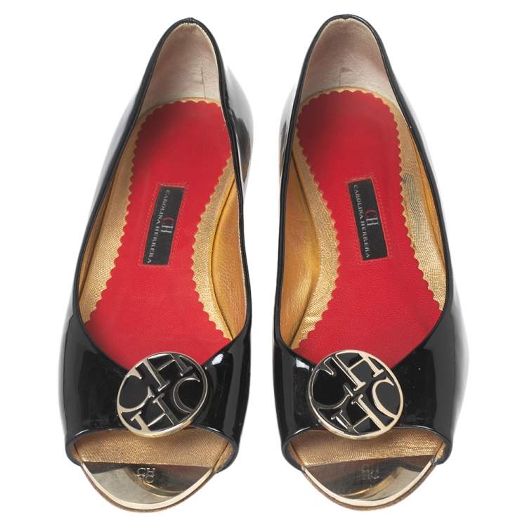 Pre Owned CH Carolina Herrera Black Patent Leather Logo Peep-Toe Ballet Flats Size 37