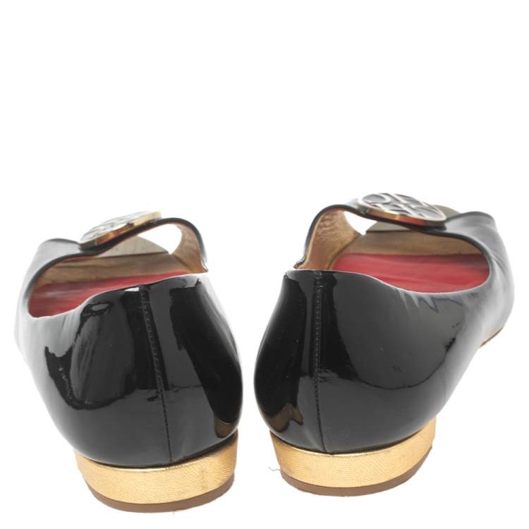 Pre Owned CH Carolina Herrera Black Patent Leather Logo Peep-Toe Ballet Flats Size 37