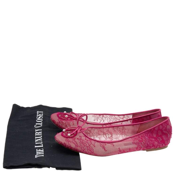 Pre Owned CH Carolina Herrera Pink Lace And Leather Bow Ballet Flats Size 41