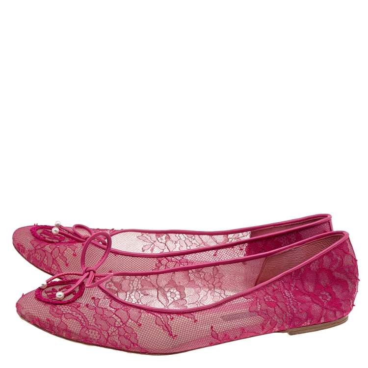 Pre Owned CH Carolina Herrera Pink Lace And Leather Bow Ballet Flats Size 41