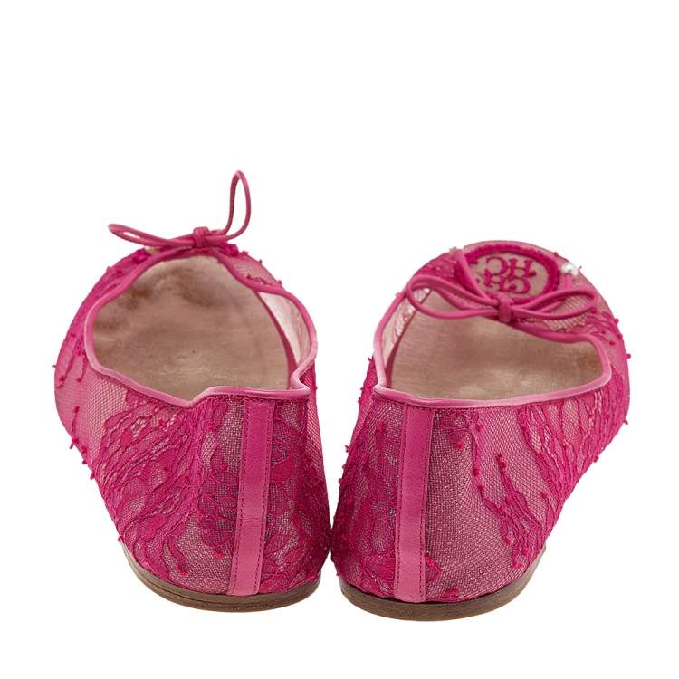 Pre Owned CH Carolina Herrera Pink Lace And Leather Bow Ballet Flats Size 41