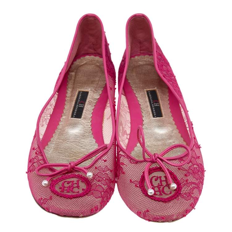 Pre Owned CH Carolina Herrera Pink Lace And Leather Bow Ballet Flats Size 41