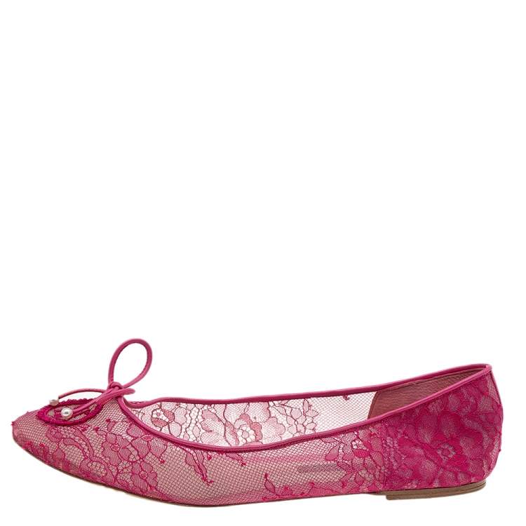Pre Owned CH Carolina Herrera Pink Lace And Leather Bow Ballet Flats Size 41