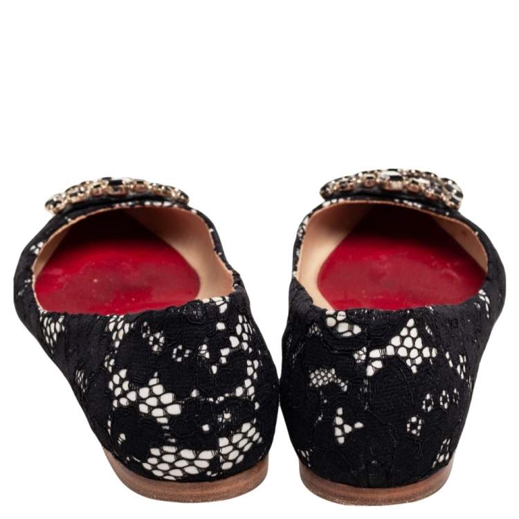 Pre Owned CH Carolina Herrera Black Lace Bow Embellished  Ballet Flats Size 37