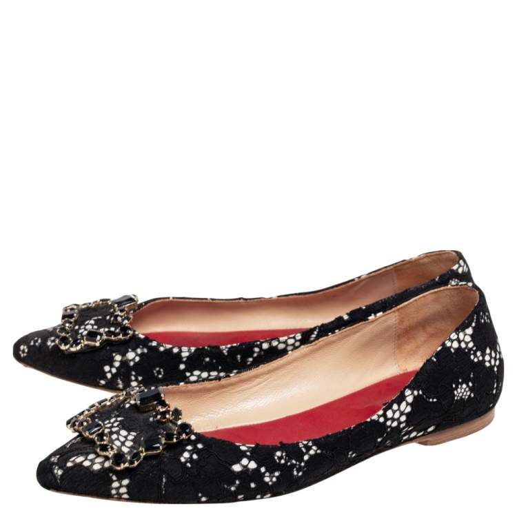 Pre Owned CH Carolina Herrera Black Lace Bow Embellished  Ballet Flats Size 37
