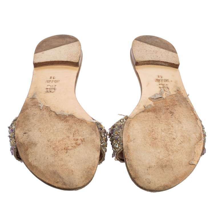 Pre Owned CH Carolina Herrera Beige Satin Bow Embellished Detail Slides Size 38