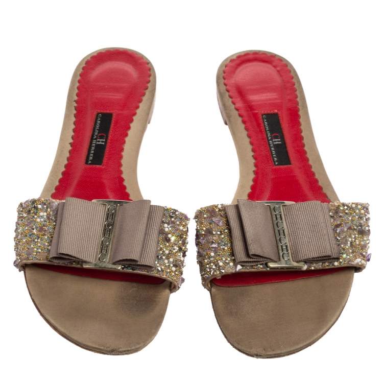 Pre Owned CH Carolina Herrera Beige Satin Bow Embellished Detail Slides Size 38