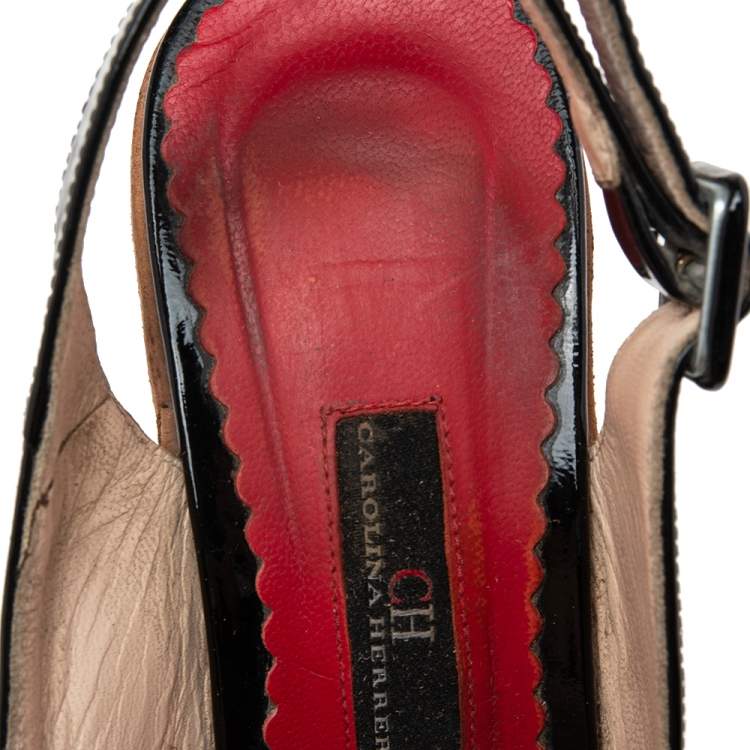 Pre Owned CH Carolina Herrera Black Patent Leather Peep-Toe Cork Wedge Platform Slingback Sandals Size 37