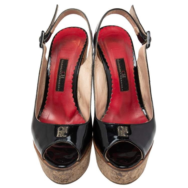 Pre Owned CH Carolina Herrera Black Patent Leather Peep-Toe Cork Wedge Platform Slingback Sandals Size 37