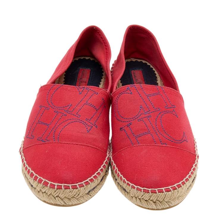 Pre Owned CH Carolina Herrera Red Canvas Espadrille Flats Size 39