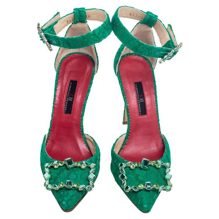 Pre Owned Carolina Herrera Green Lace And Satin Crystal Embellished Ankle Strap  Pumps Size 36