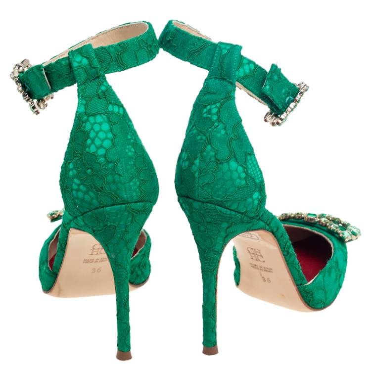 Pre Owned Carolina Herrera Green Lace And Satin Crystal Embellished Ankle Strap  Pumps Size 36