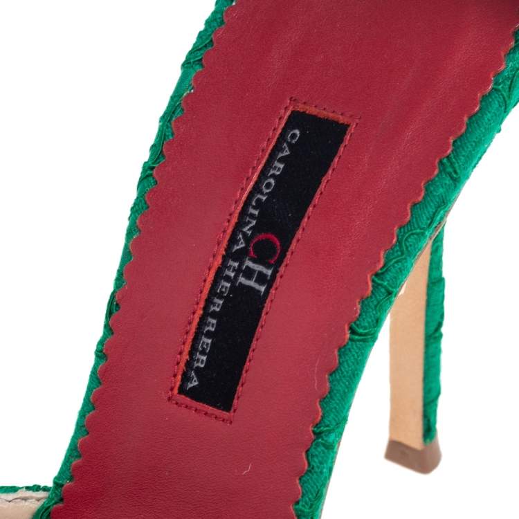 Pre Owned Carolina Herrera Green Lace And Satin Crystal Embellished Ankle Strap  Pumps Size 36
