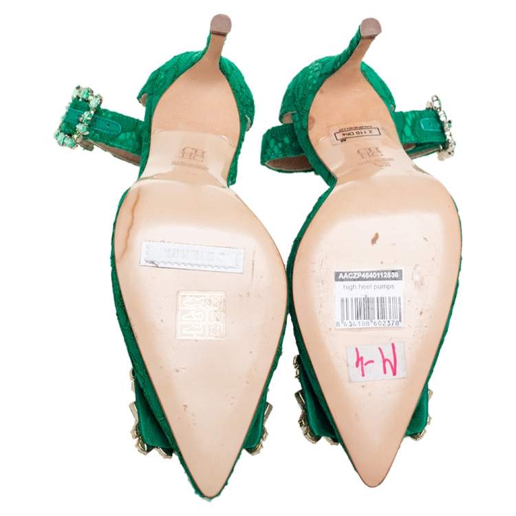 Pre Owned Carolina Herrera Green Lace And Satin Crystal Embellished Ankle Strap  Pumps Size 36