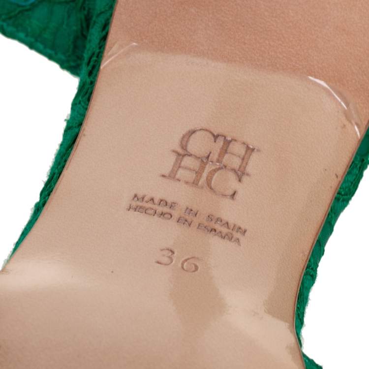 Pre Owned Carolina Herrera Green Lace And Satin Crystal Embellished Ankle Strap  Pumps Size 36