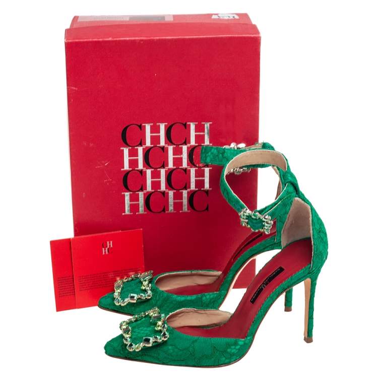 Pre Owned Carolina Herrera Green Lace And Satin Crystal Embellished Ankle Strap  Pumps Size 36