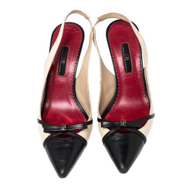 Pre Owned CH Carolina Herrera Black/Beige Leather Bow Detail Pointed-Toe Slingback Pumps Size 38