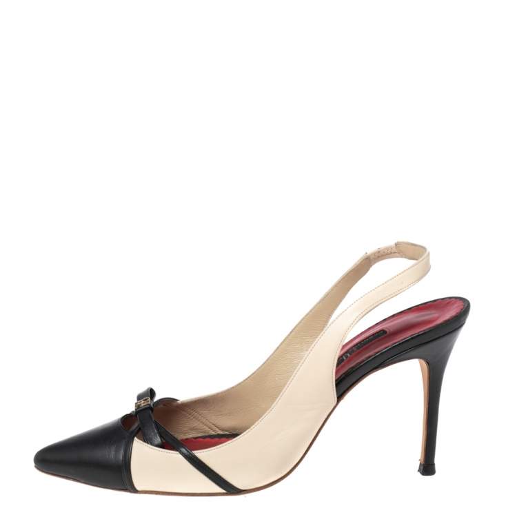 Pre Owned CH Carolina Herrera Black/Beige Leather Bow Detail Pointed-Toe Slingback Pumps Size 38