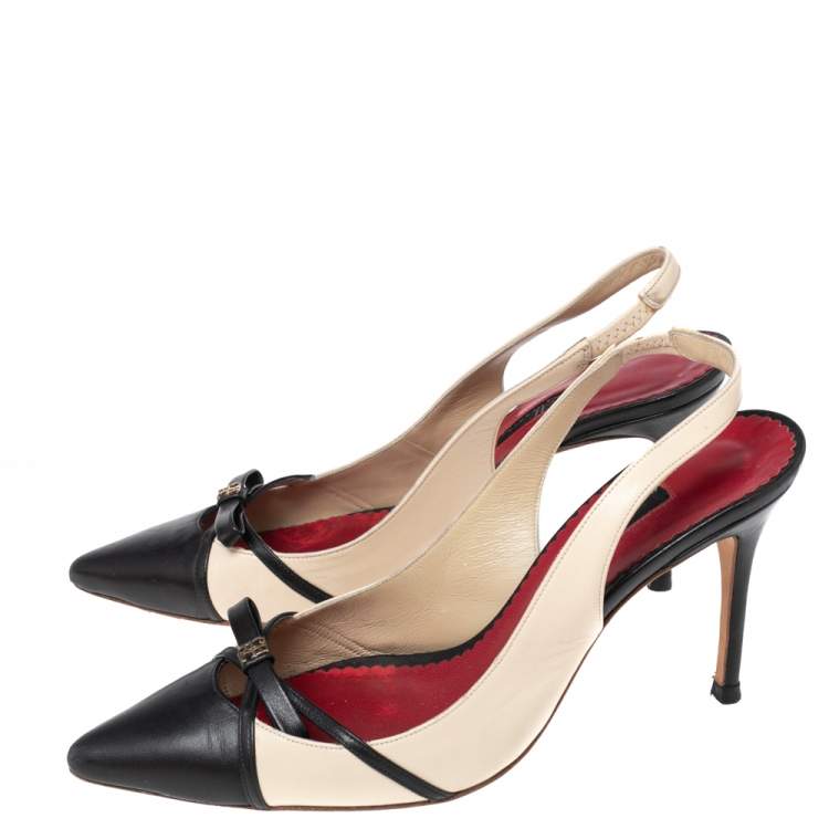 Pre Owned CH Carolina Herrera Black/Beige Leather Bow Detail Pointed-Toe Slingback Pumps Size 38