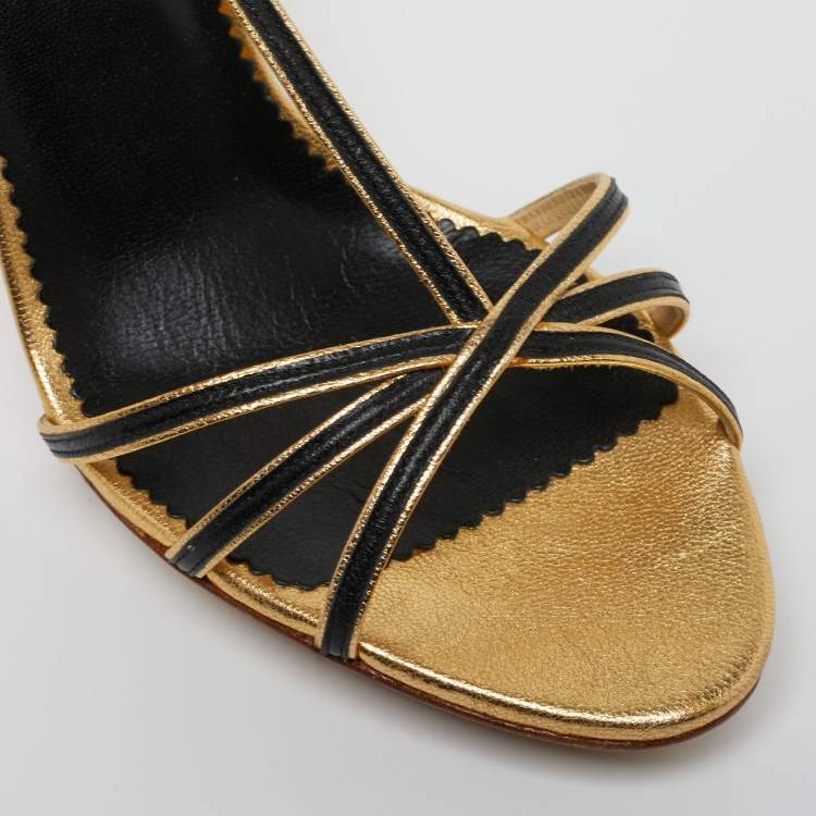 Pre Owned CH Carolina Herrera Gold/Black Leather T-Strap Sandals Size 38