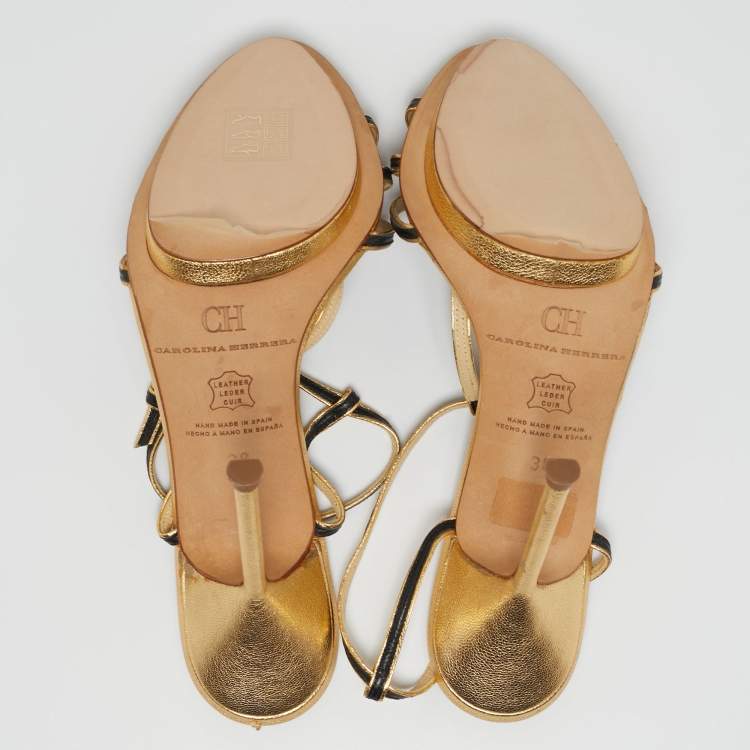 Pre Owned CH Carolina Herrera Gold/Black Leather T-Strap Sandals Size 38