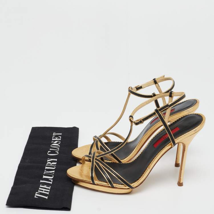 CH Carolina Herrera Gold/Black Leather T-Strap Sandals Size 38 CH ...