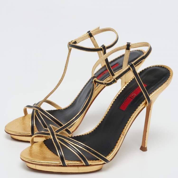 CH Carolina Herrera Gold/Black Leather T-Strap Sandals Size 38 CH ...