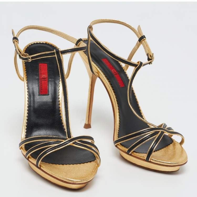 Pre Owned CH Carolina Herrera Gold/Black Leather T-Strap Sandals Size 38