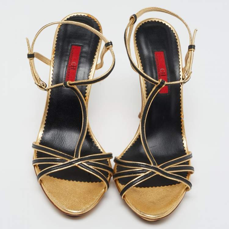Pre Owned CH Carolina Herrera Gold/Black Leather T-Strap Sandals Size 38