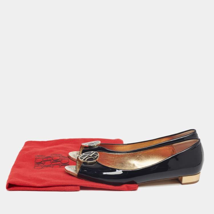 Pre Owned CH Carolina Herrera Black Patent Leather Logo Peep-Toe Ballet Flats Size 39
