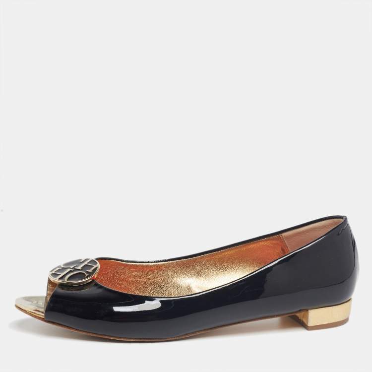 CH Carolina Herrera Black Patent Leather Logo Peep-Toe Ballet Flats ...