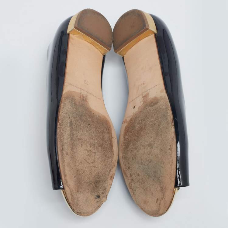 Pre Owned CH Carolina Herrera Black Patent Leather Logo Peep-Toe Ballet Flats Size 39