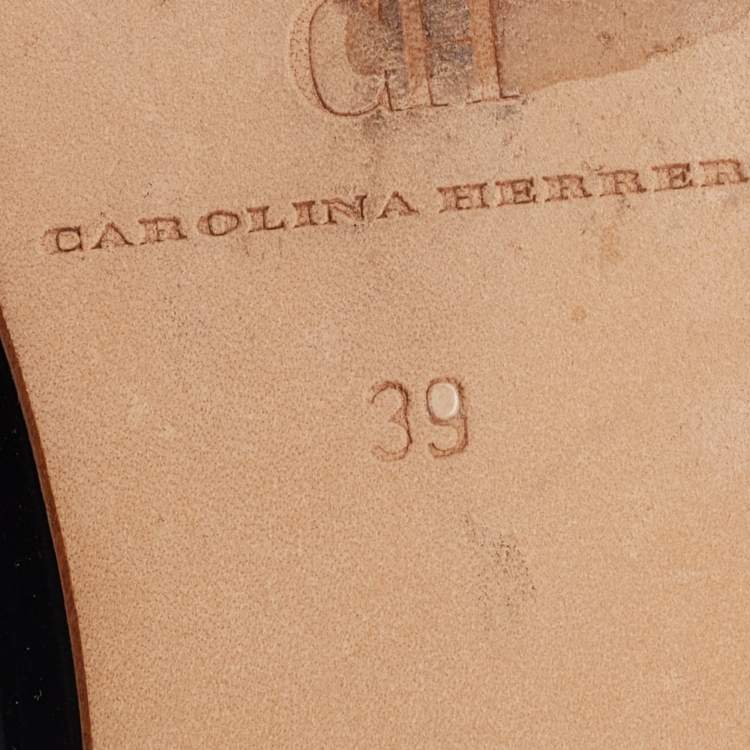 Pre Owned CH Carolina Herrera Black Patent Leather Logo Peep-Toe Ballet Flats Size 39