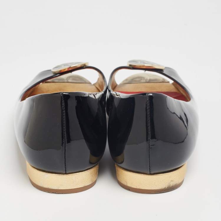 Pre Owned CH Carolina Herrera Black Patent Leather Logo Peep-Toe Ballet Flats Size 39