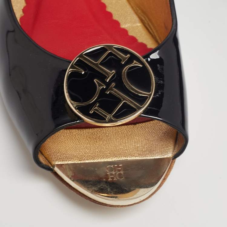 Pre Owned CH Carolina Herrera Black Patent Leather Logo Peep-Toe Ballet Flats Size 39