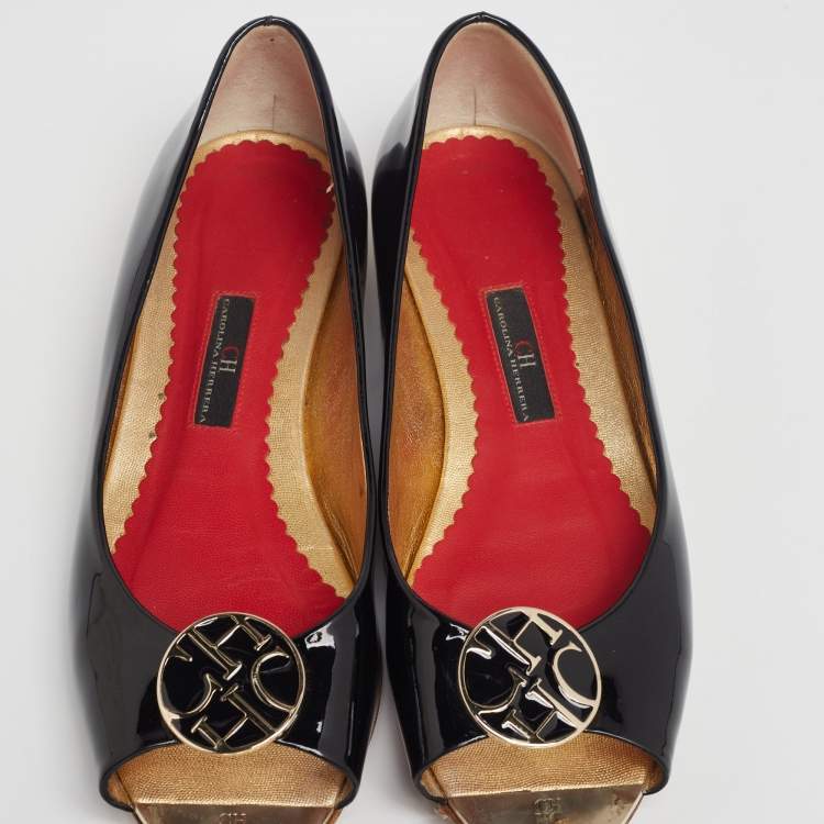 Pre Owned CH Carolina Herrera Black Patent Leather Logo Peep-Toe Ballet Flats Size 39