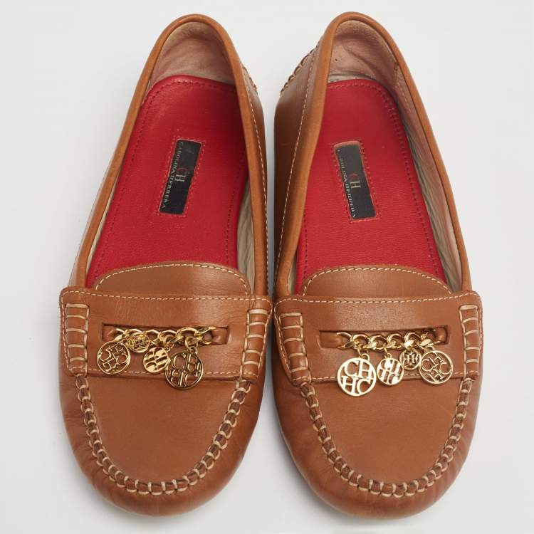 Pre Owned CH Carolina Herrera Brown Leather Logo Charm Detail Loafers Size 40