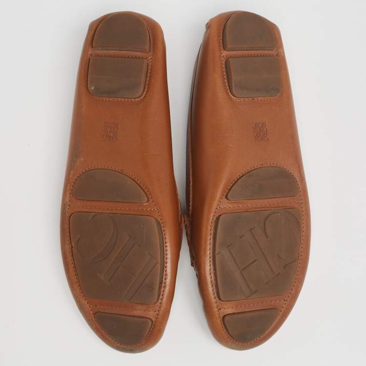 Pre Owned CH Carolina Herrera Brown Leather Logo Charm Detail Loafers Size 40